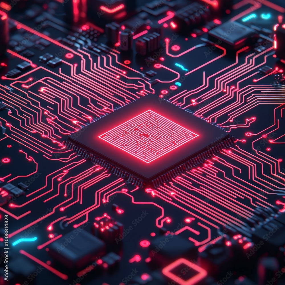 Poster close-up of a glowing red circuit board with intricate details and connections.