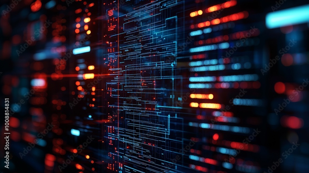 Poster abstract data visualization with blue and red lights on a dark background.