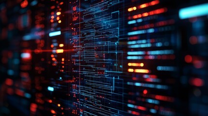 Naklejka premium Abstract data visualization with blue and red lights on a dark background.