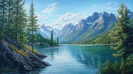 Fototapeta premium 3D landscape oil painting with realistic textures, depicting mountains, trees, and water that seem to extend beyond the canvas.