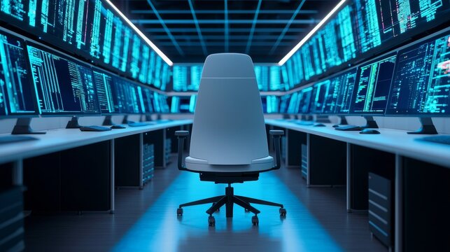 Modern office workspace with computer terminals and a swivel chair.