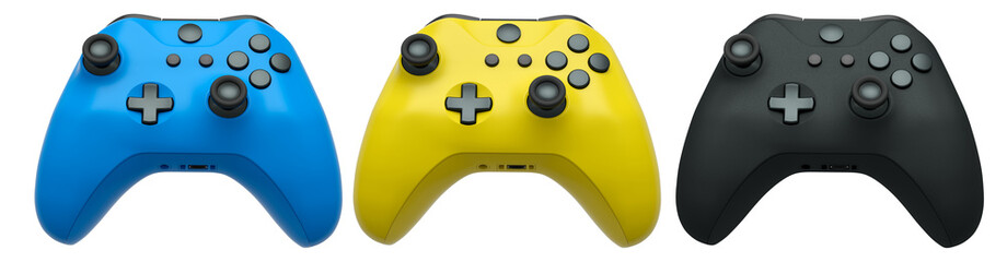 Collection of gaming controllers with different colors and designs for gaming enthusiasts isolated on white background with clipping path
