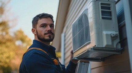 A male air conditioner technician standing on a ladder, about to fix an air conditioning system on the exterior wall of a house, looking determined.