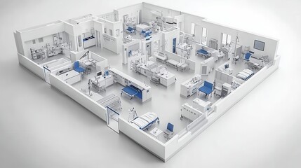 detailed 3d floor plan of a stateoftheart hospital showcasing trauma centers surgical rooms and recovery areas rendered with precision and clarity against a white backdrop