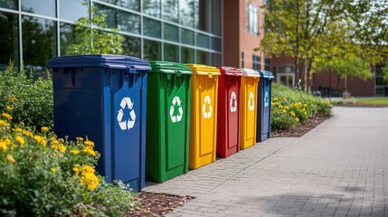 Obraz premium A row of yellow, green, blue, and red recycling bins with clear recycling symbols, placed in a school courtyard, highlighting waste management efforts.