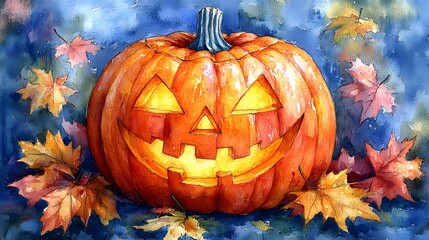 Carved jack-o-lantern with a friendly grin, surrounded by vibrant fall leaves in a beautiful watercolor-style background