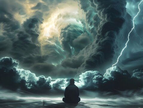 Solitary figure prays amidst ominous stormy skies hinting at impending doom