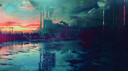 Digital Glitch Overlaying a Serene Landscape Suggesting the Collapse of Reality