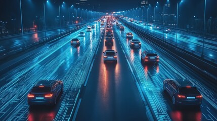 A sleek highway drive, with digital waves surrounding vehicles, representing state-of-the-art auto safety technology and the future of transportation.