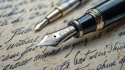 Fototapeta premium Elegant fountain pen on handwritten letter with calligraphy