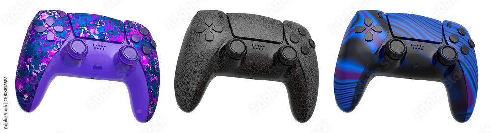 Poster collection of gaming controllers with different colors and designs for gaming enthusiasts isolated o