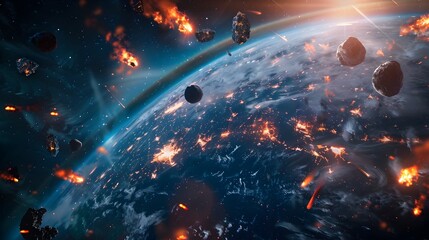 Panoramic View of Earth s Destruction from Space with Meteors Causing Apocalyptic Devastation