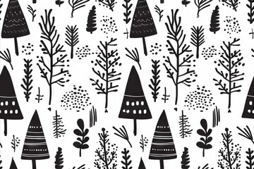 Black and white winter forest pattern  - Seamless Pattern 