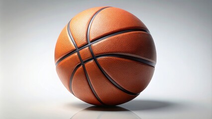 Fototapeta premium A single basketball rests on a pristine white surface, its orange and black textured exterior gleaming under the soft light.