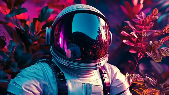 Astronaut exploring vibrant alien jungle