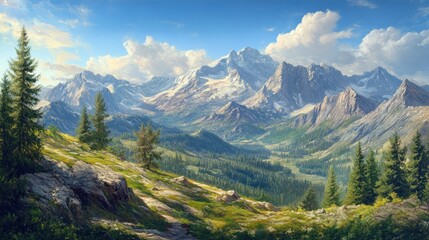 Obraz premium A 3D oil painting of a mountain landscape, with realistic textures depicting rugged peaks, rolling hills, and forested valleys.