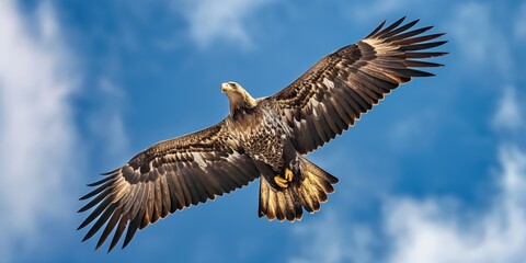 Obraz premium A majestic eagle flying with wings outspread, embodying freedom and the essence of wildlife.