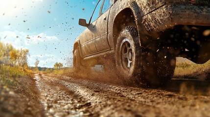 A bright red truck is currently driving through a muddy field area
