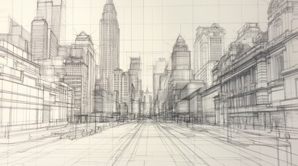 Detailed Ink Drawing of a City Street with Skyscrapers