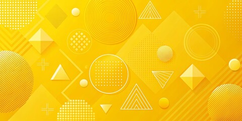 Abstract Geometric Pattern of Vibrant Yellow Circles, Triangles, and Lines on a Solid Yellow Background