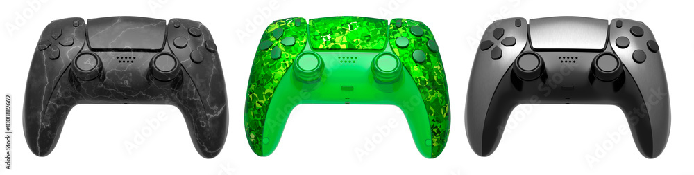Poster collection of gaming controllers with different colors and designs for gaming enthusiasts isolated o