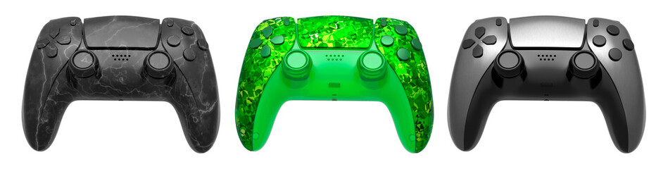 Collection of gaming controllers with different colors and designs for gaming enthusiasts isolated...