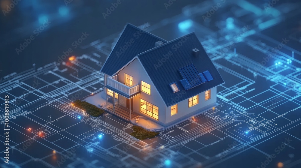 Poster 3d blueprint plan of a smart home with iot device icons conceptual banner for smart home technology 