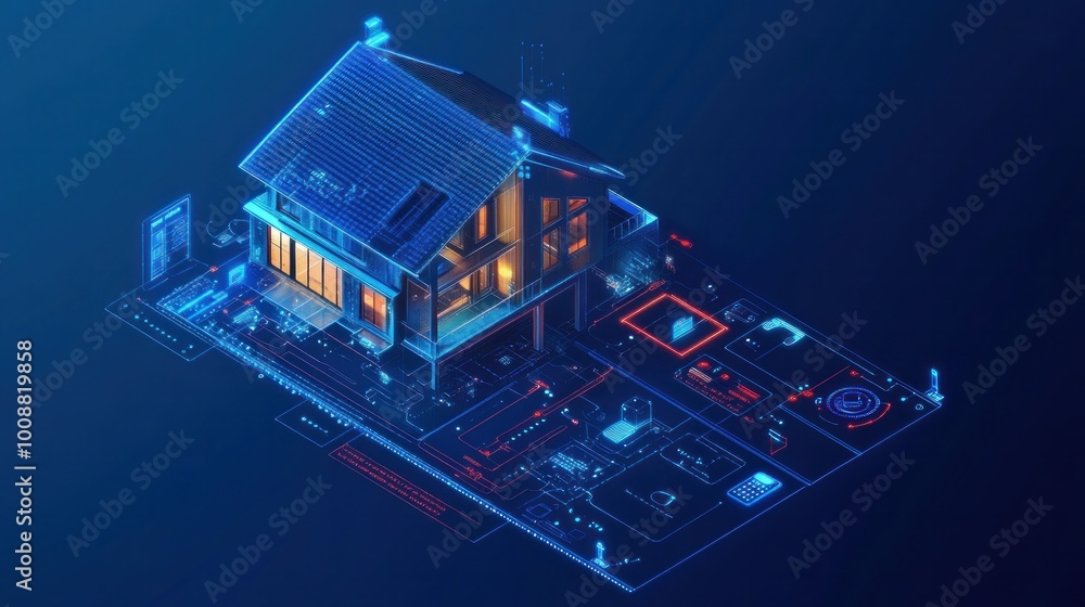 Poster 3d blueprint plan of a smart home with iot device icons conceptual banner for smart home technology 