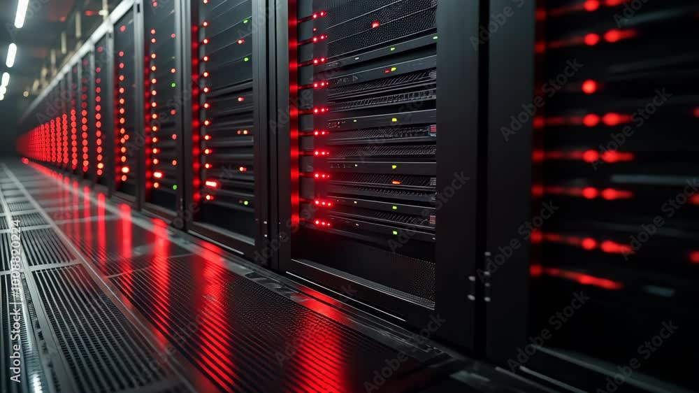 Poster flashing red lights indicating activity in data center server racks