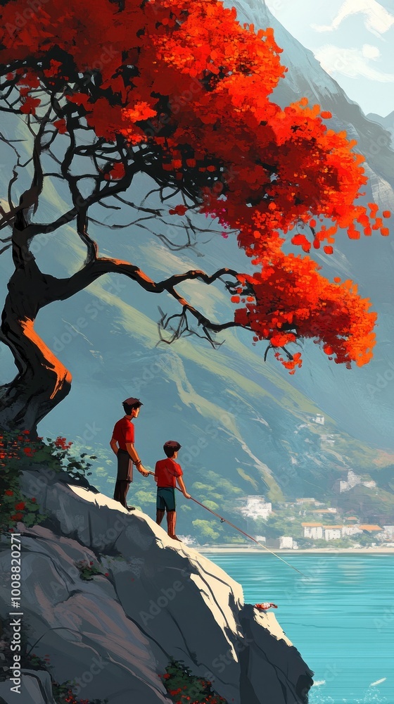 Sticker Two boys stand by a cliff, overlooking a serene ocean and vibrant autumn trees.