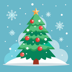Fototapeta premium Merry Christmas greeting card with snowy Christmas tree with decorations and snowflakes 