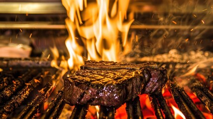 Sizzling Steak on Hot Grill with Dancing Flames