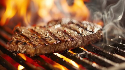 Sizzling Steak on Hot Grill with Flames