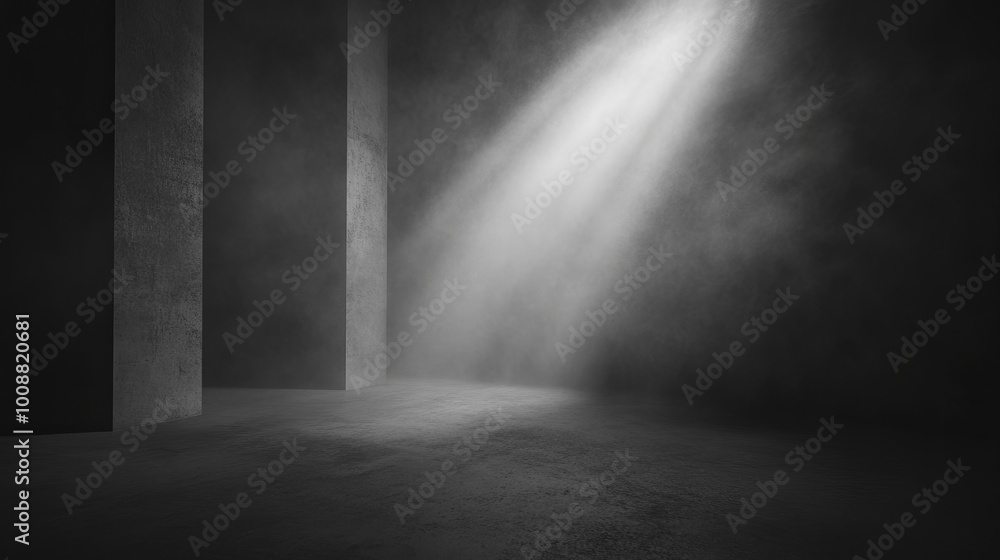 Poster 3d illustration of an empty room with a concrete floor illuminated by a spotlight features mist or f