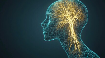 Abstract wireframe head with neural connections.