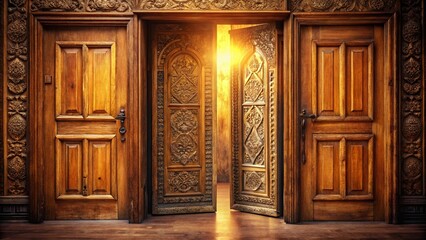 Obraz premium Intricately Carved Wooden Doors Open to a Sunlit Interior, Revealing a Hidden Space Within the Structure