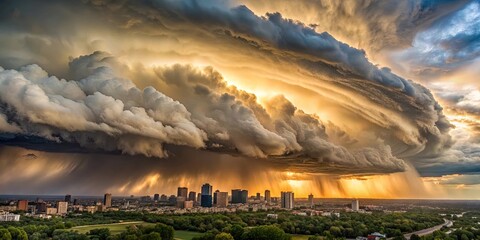 A dramatic storm cloud formation casts a dark shadow over the cityscape as golden sunlight pierces through the rain