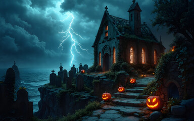 A spooky Halloween night with glowing pumpkins, a gothic church, bats, and a full moon over a graveyard.