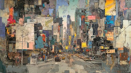 A textured 3D oil painting of a cityscape, with layered brushstrokes to depict bustling streets, towering buildings, and evening lights.