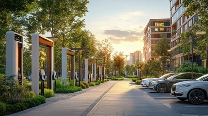 Electric car charging stations lined up in a modern urban setting, with green spaces and solar-powered streetlights highlighting sustainable infrastructure.