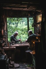 Two individuals working at a table in a rustic workshop surrounded by nature.