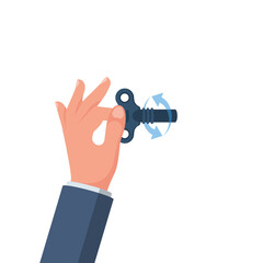 Man holding winding key in hand. Template for motivation and stimulation. Vector illustration flat design. Isolated on white background.