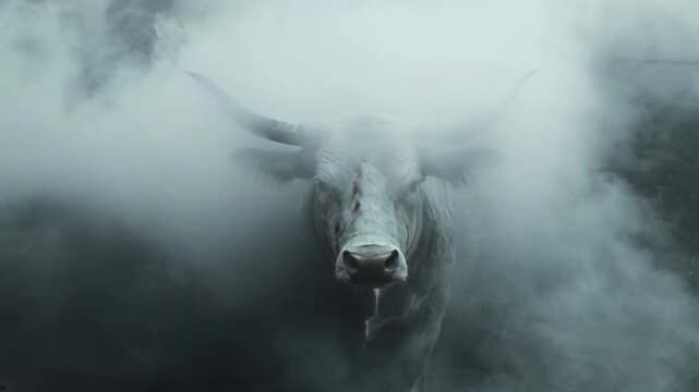 White bull standing in a cloud of smoke.. AI Generation