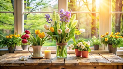 Fototapeta premium Sunlight streams through the window, casting a warm glow on the wooden table, where a colorful bouquet of flowers rests, creating a scene of peaceful tranquility.