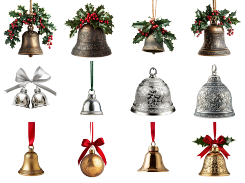 Collection of christmas decoration object isolated on transparent background, Christmas bells