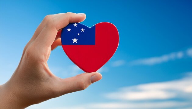 手で持っているサモアの国旗のハートと青空(Heart of Samoa flag held in hand and blue sky.)
