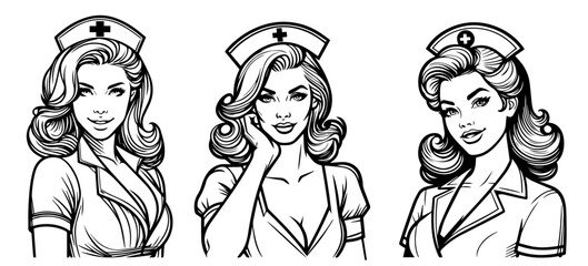 retro pin-up nurses in classic medical attire, hand-drawn black vector illustration