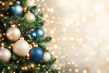 Holiday Christmas tree with ornaments, garland and balls on golden background with bokeh lights. Merry Christmas and a happy New Year greeting card. Winter holiday background.
