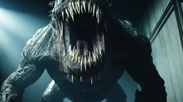 Terrifying monster roaring with enormous, menacing teeth