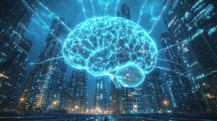 Futuristic wireframe brain in a digital cityscape.